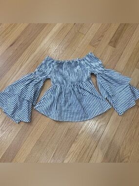 Striped Off-Shoulder Peplum cotton Blouse with Tiered Bell Sleeves